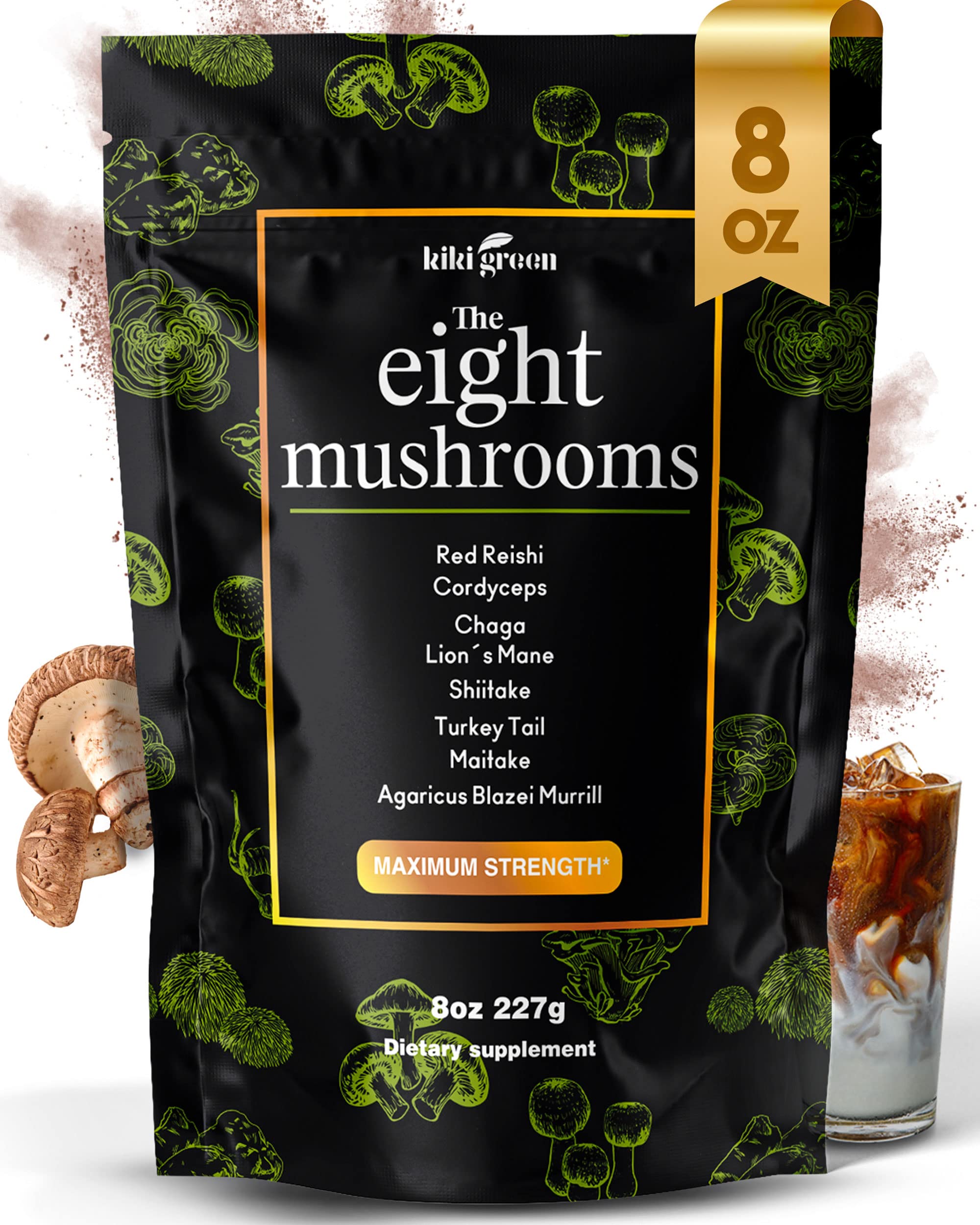 KIKI Green 8 Mushrooms powder bottle for daily focus and energy in your routine