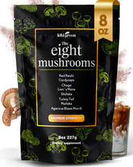 KIKI Green 8 Mushrooms powder bottle for daily focus and energy in your routine