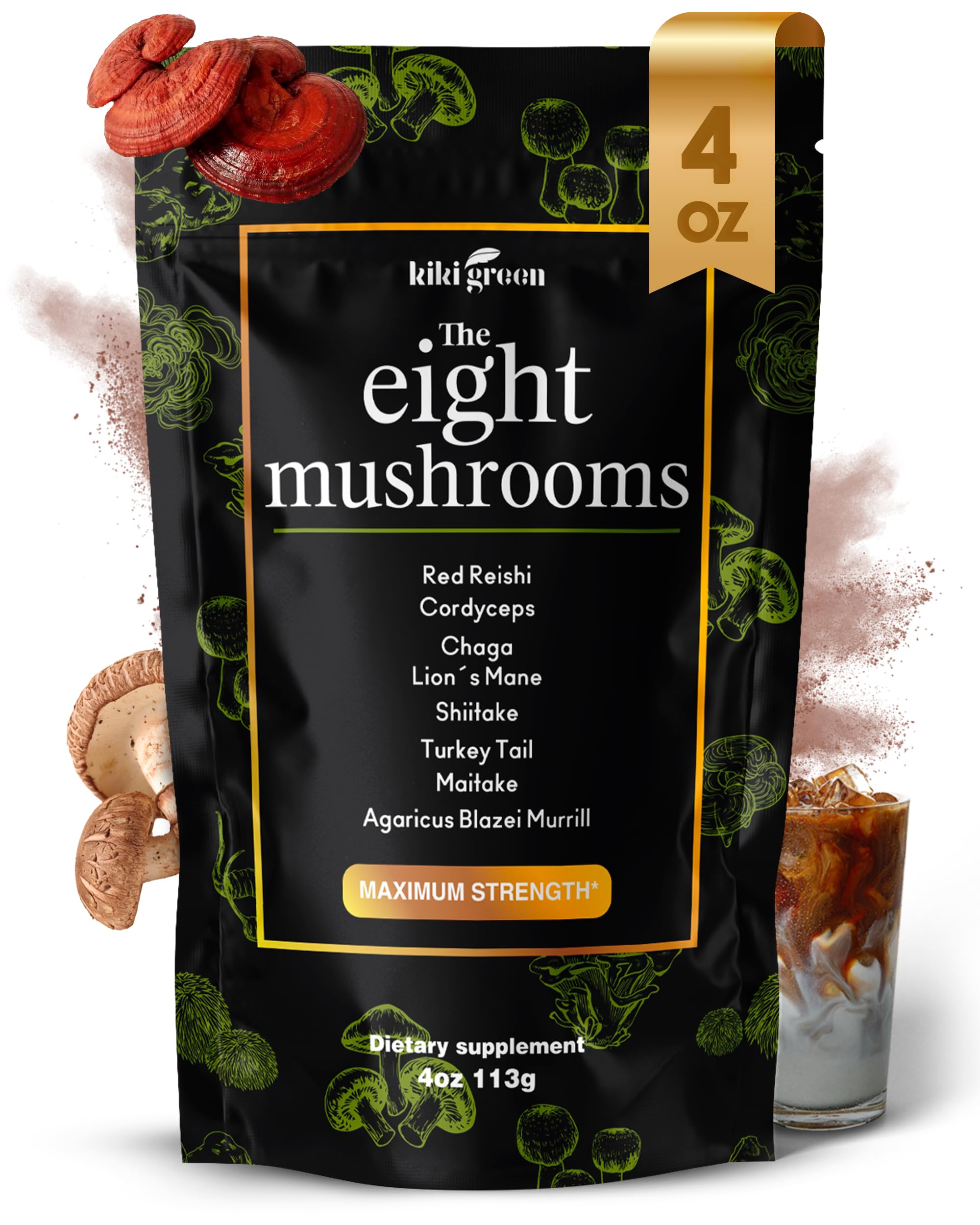 KIKI Green 8 Mushrooms powder tub for daily focus and energy