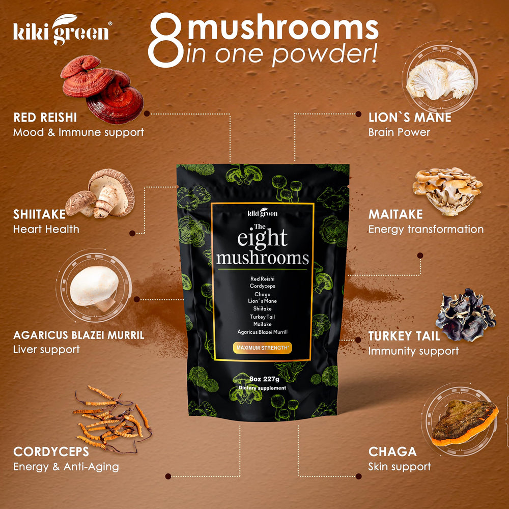 KIKI Green lions-mane powder bottle for mental clarity during morning coffee