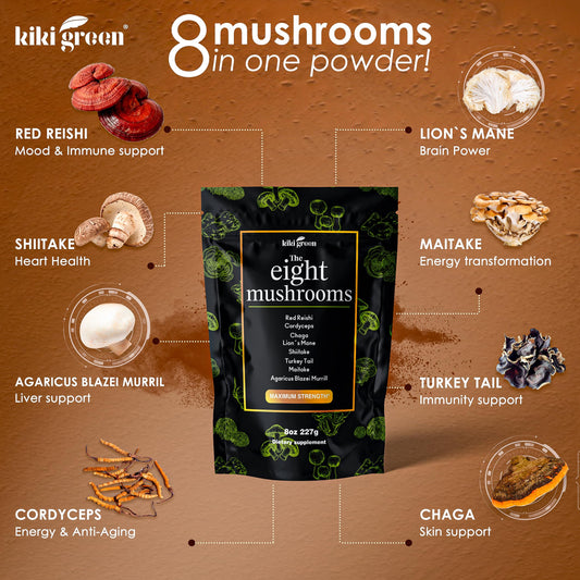 KIKI Green lions-mane powder bottle for mental clarity during morning coffee