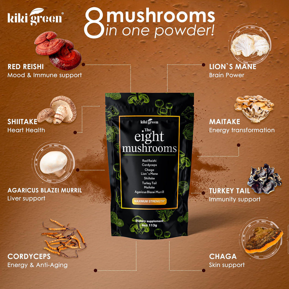 KIKI Green Lion's Mane powder bottle supports mental clarity