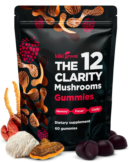 KIKI Green raspberry mushroom gummies bottle for daily focus support.