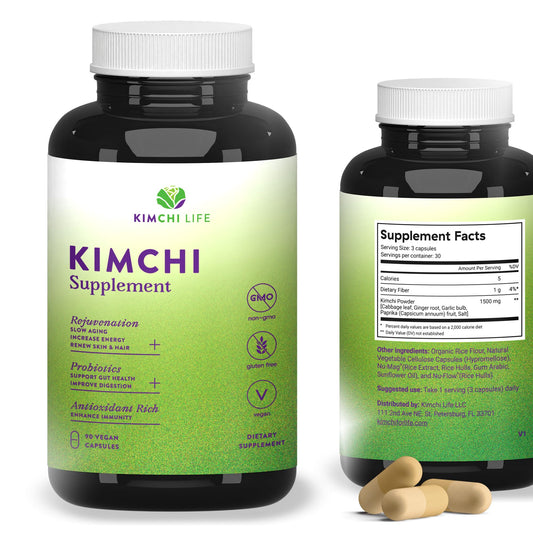 Kimchi Life daily capsules bottle supports gut health and steady energy.