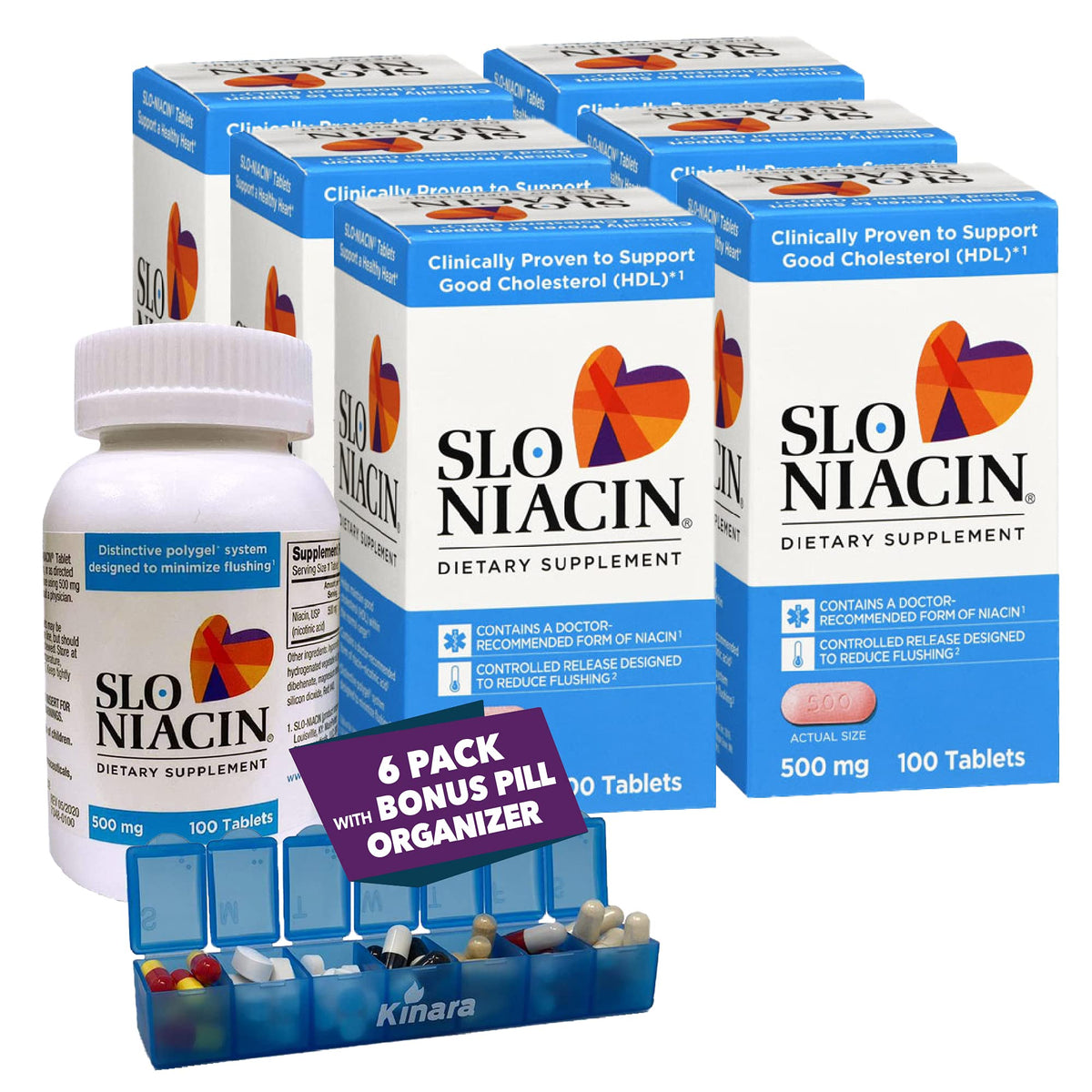 Kinara Slo-Niacin 500mg bottle front, highlighting slow-release niacin for steady daily support.