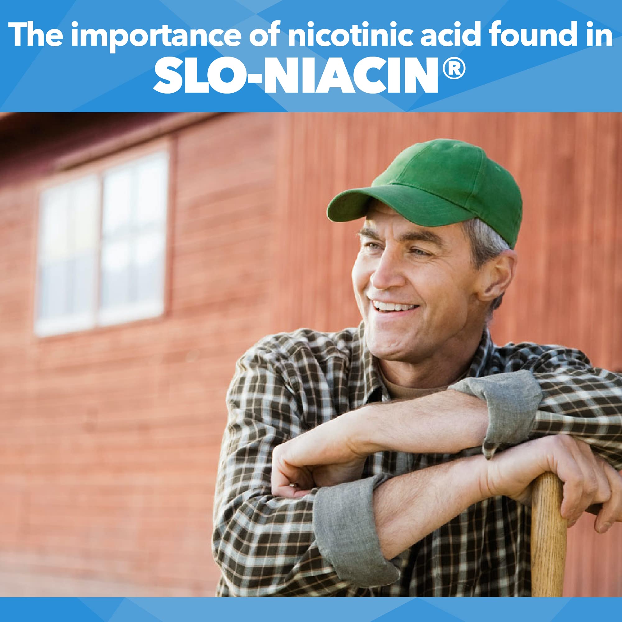 Kinara Slo-Niacin tablets with lifestyle scene, suggesting heart health and energy support.