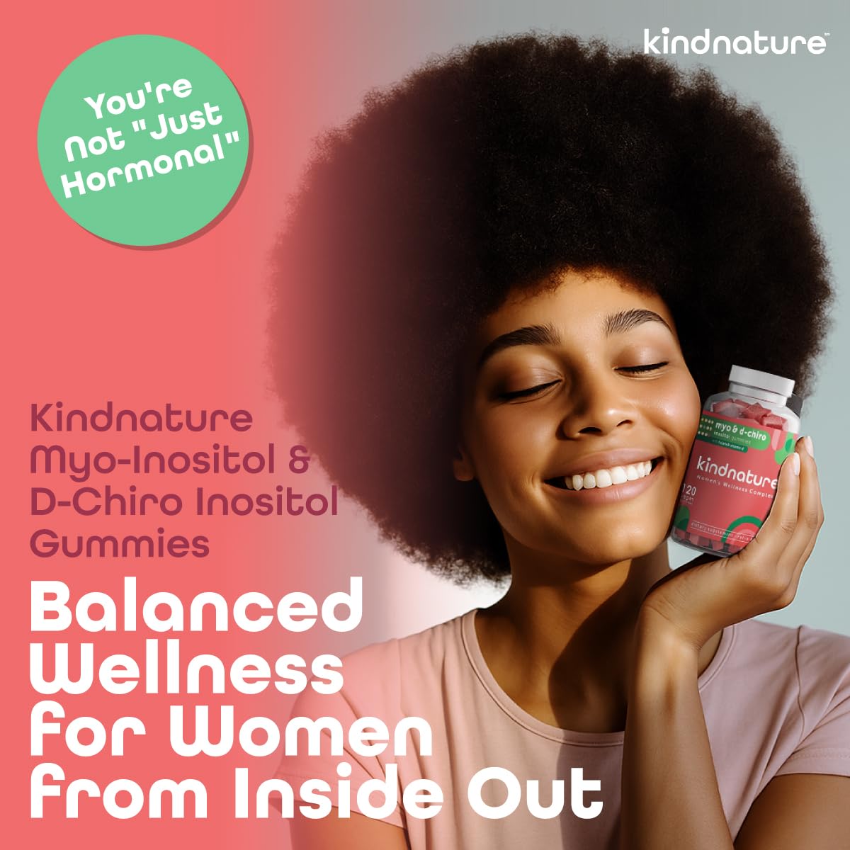 Kindnature Myo-Inositol gummies bottle back with dosage and ingredients for daily use