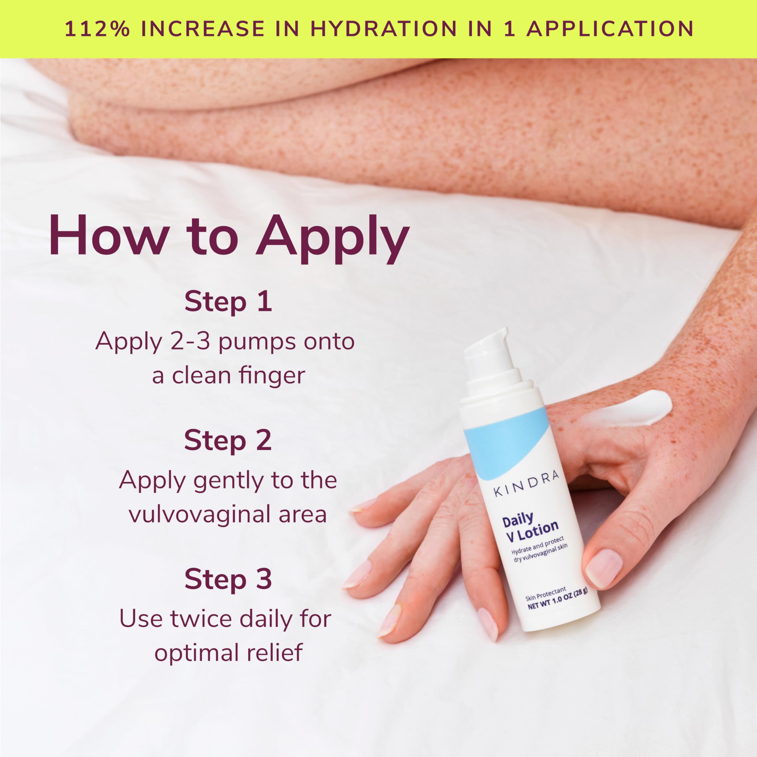 Woman applying Kindra Daily V to vulva for moisture