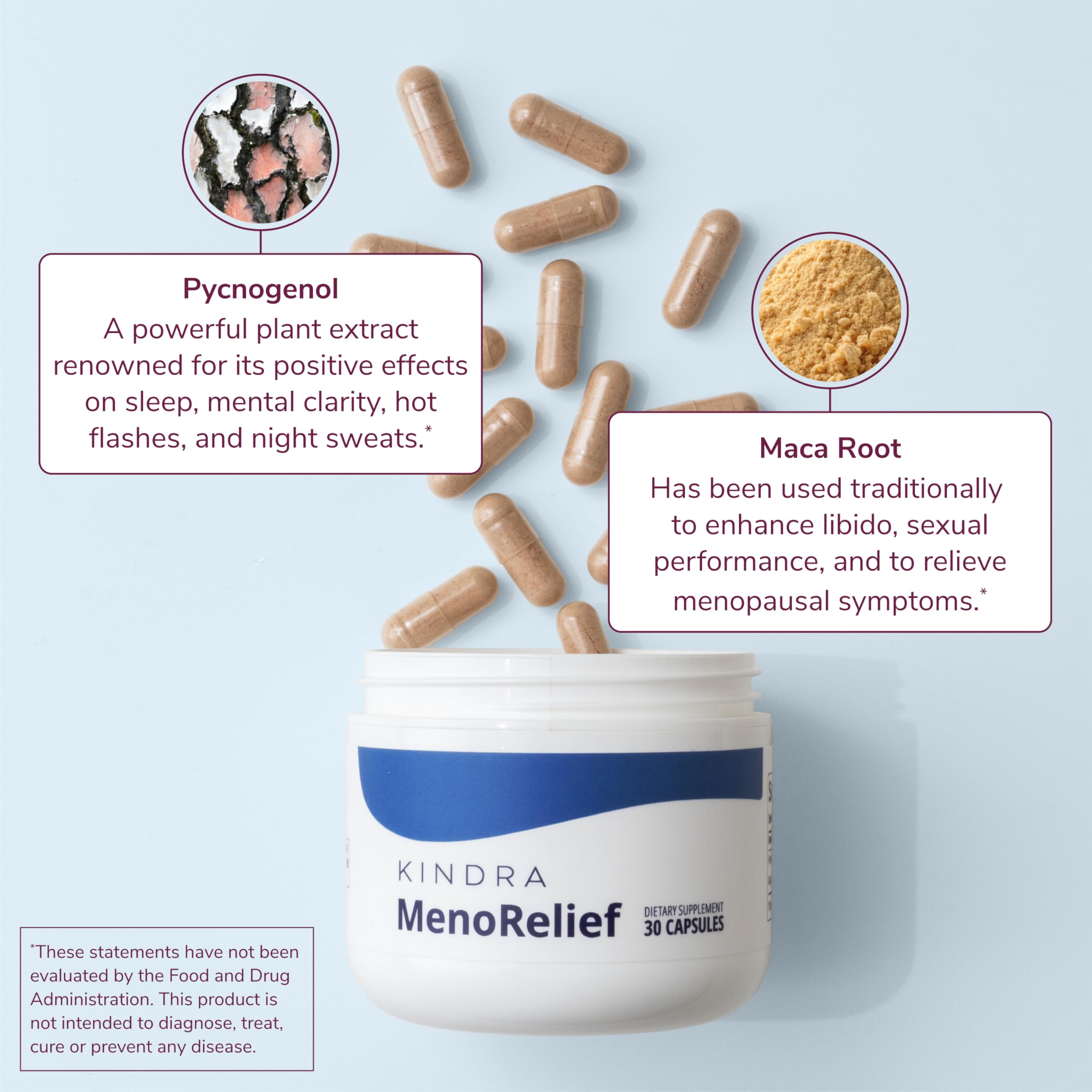 Kindra MenoRelief maca root capsules shown for everyday resilience.