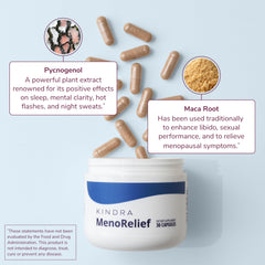 Kindra MenoRelief maca root capsules shown for everyday resilience.