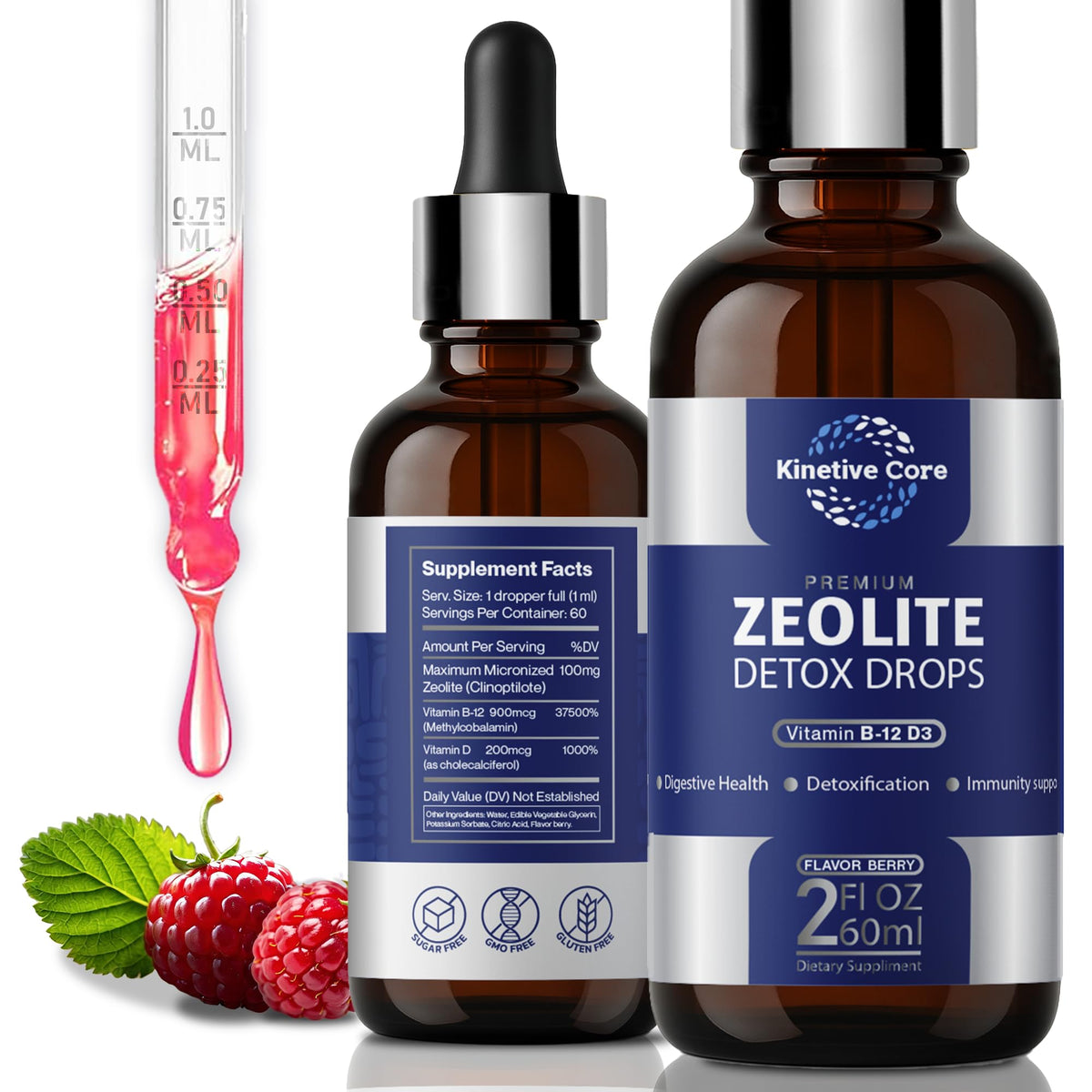 Kinetive Core Zeolite Drops bottle featuring a gentle detox formula for daily balance