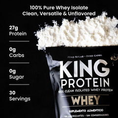KING Protein Clean Whey Isolate tub front highlighting pure formulation for keto-friendly nutrition