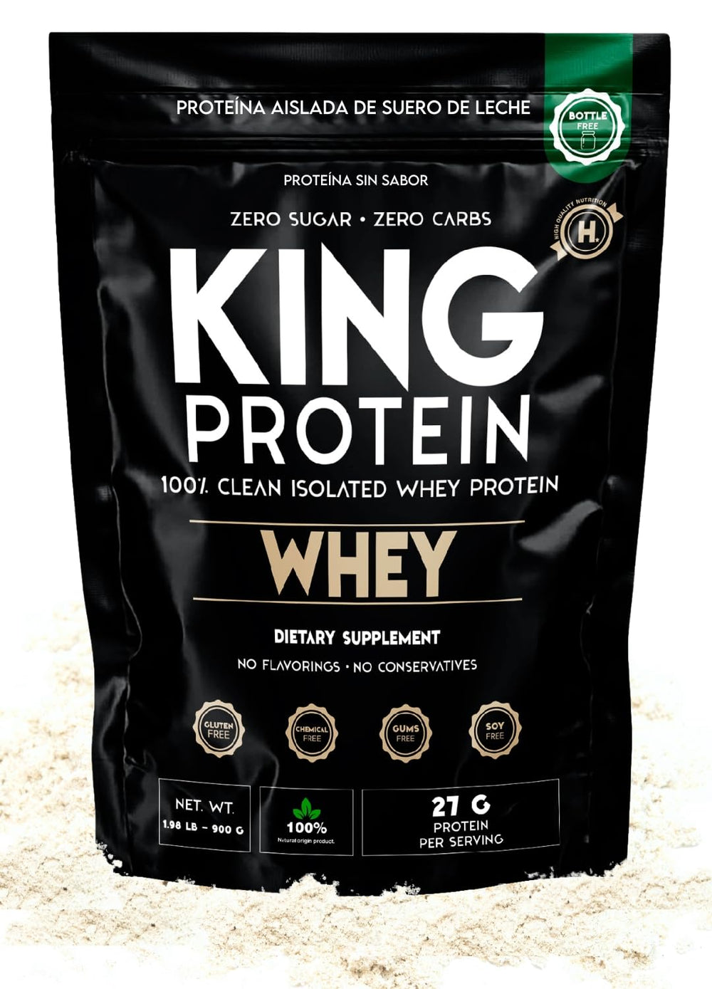 KING Protein Clean Whey Isolate unflavored scoop showing 27g protein per serving for recovery