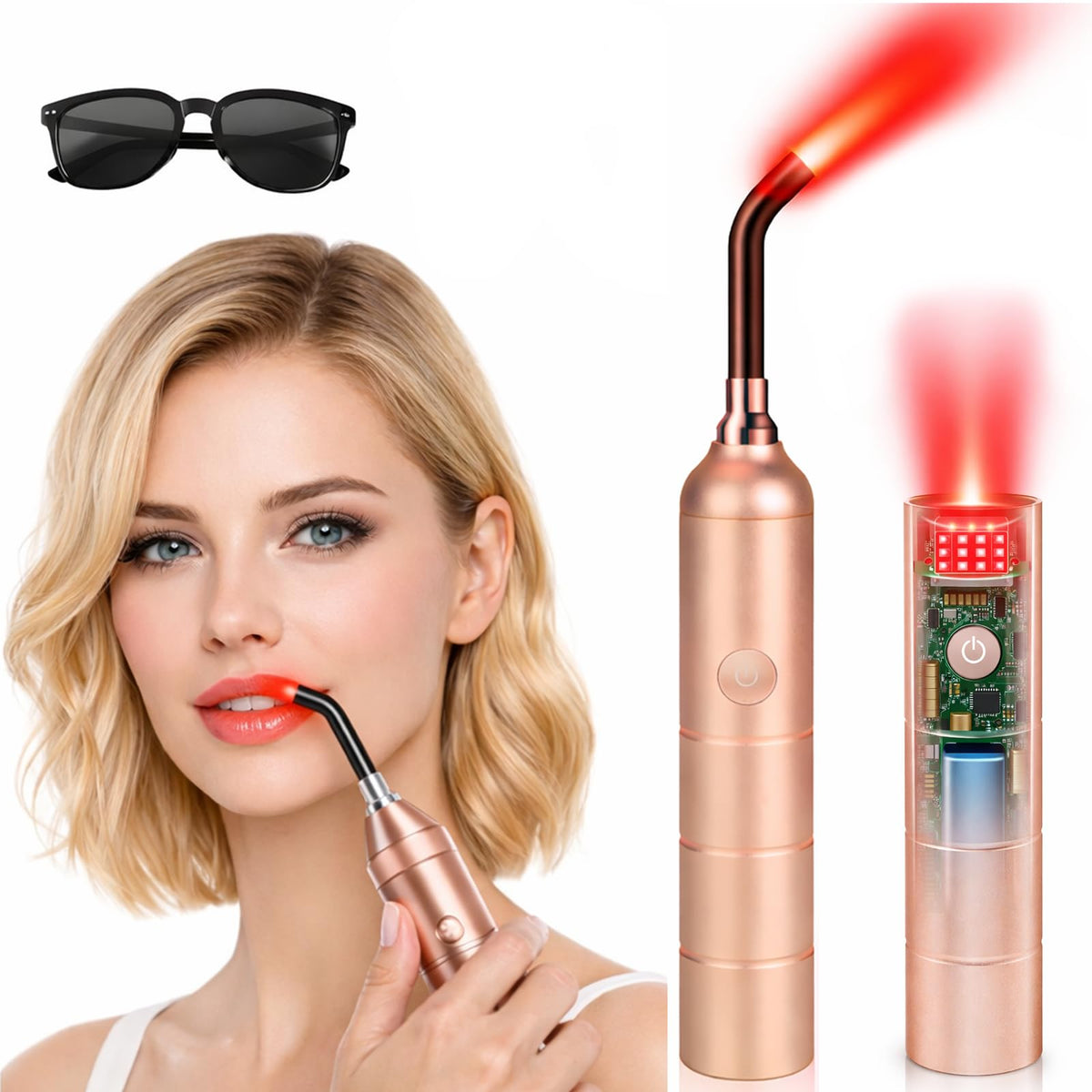 Kingcar handheld red light therapy on the face provides gentle warmth and relaxation.