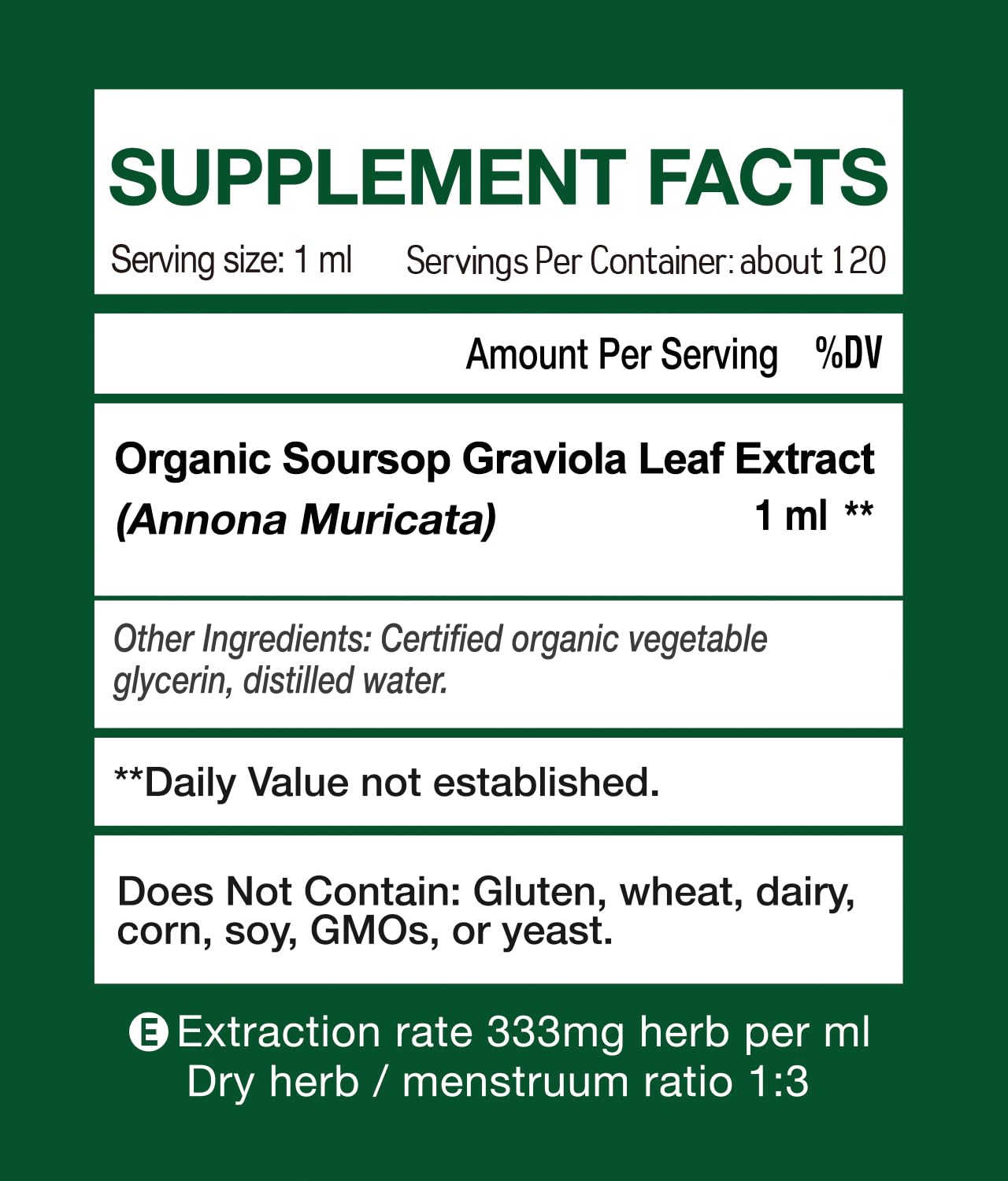KingHealth Soursop leaf extract label showing organic ingredients and purity.