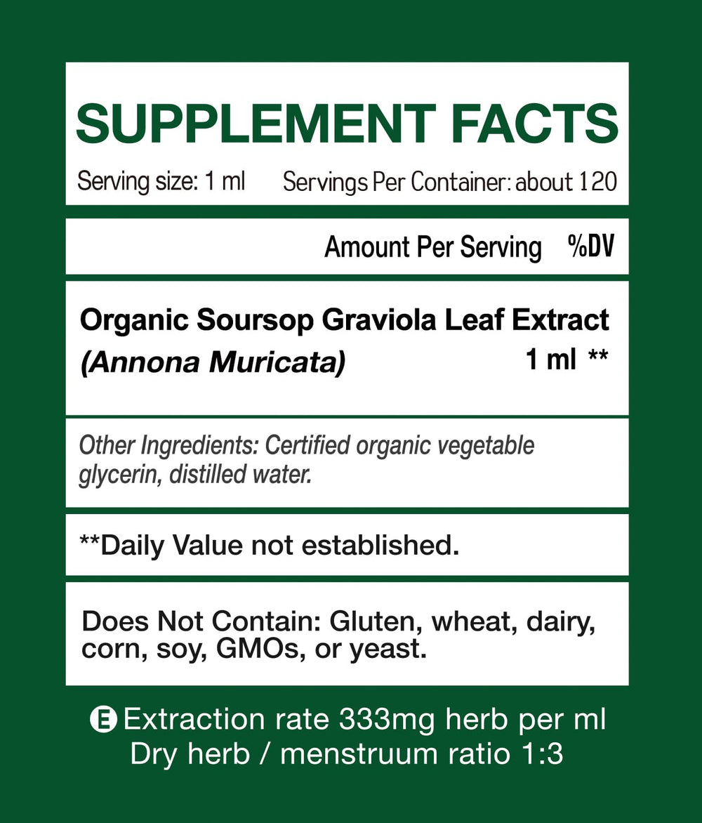 KingHealth Soursop leaf extract label showing organic ingredients and purity.