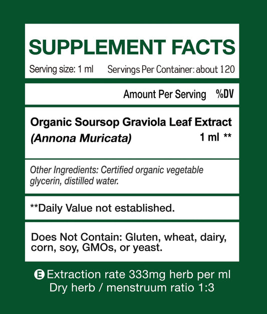 KingHealth Soursop leaf extract label showing organic ingredients and purity.