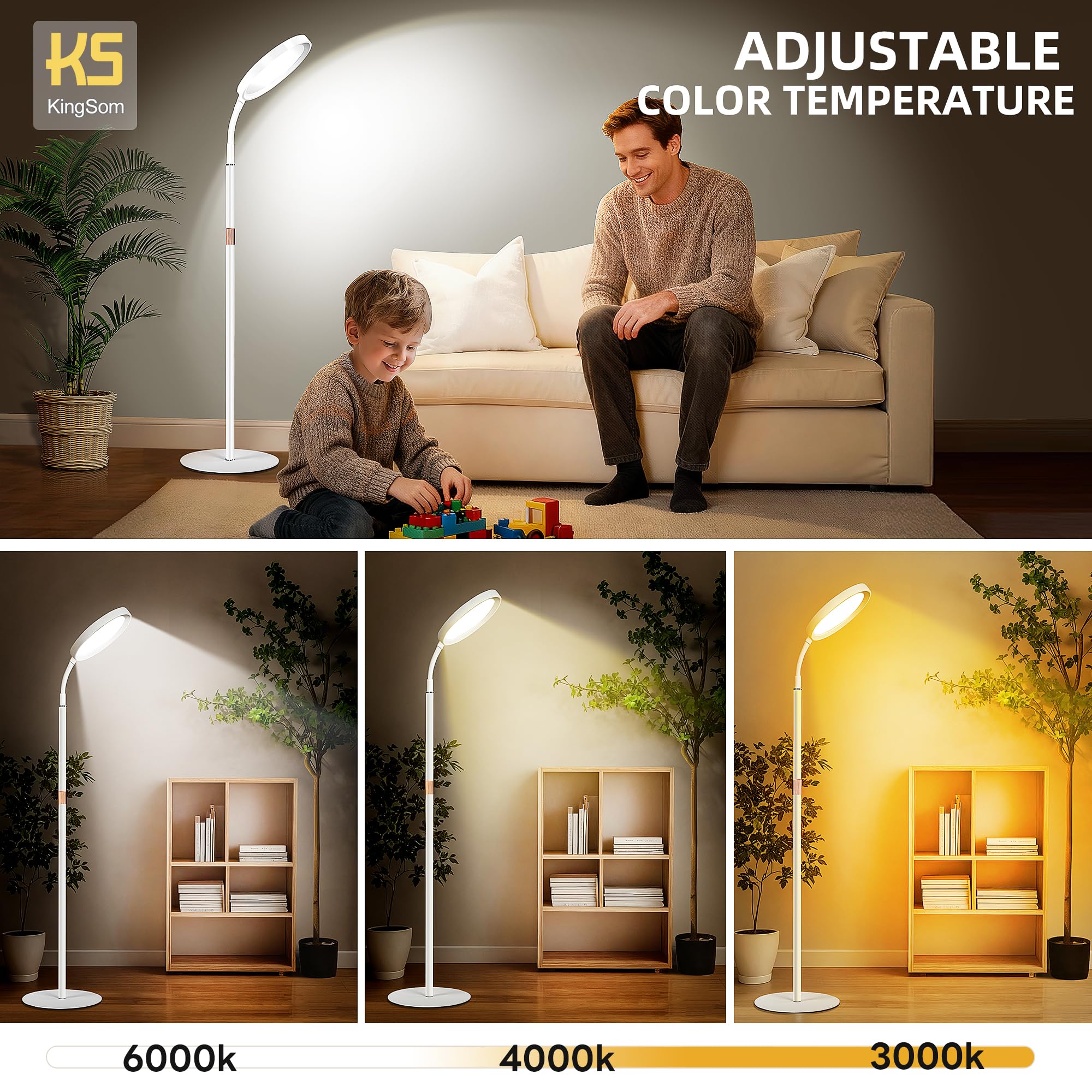 KingSom gooseneck design enables multi-angle lighting for desk, reading, or lounging.