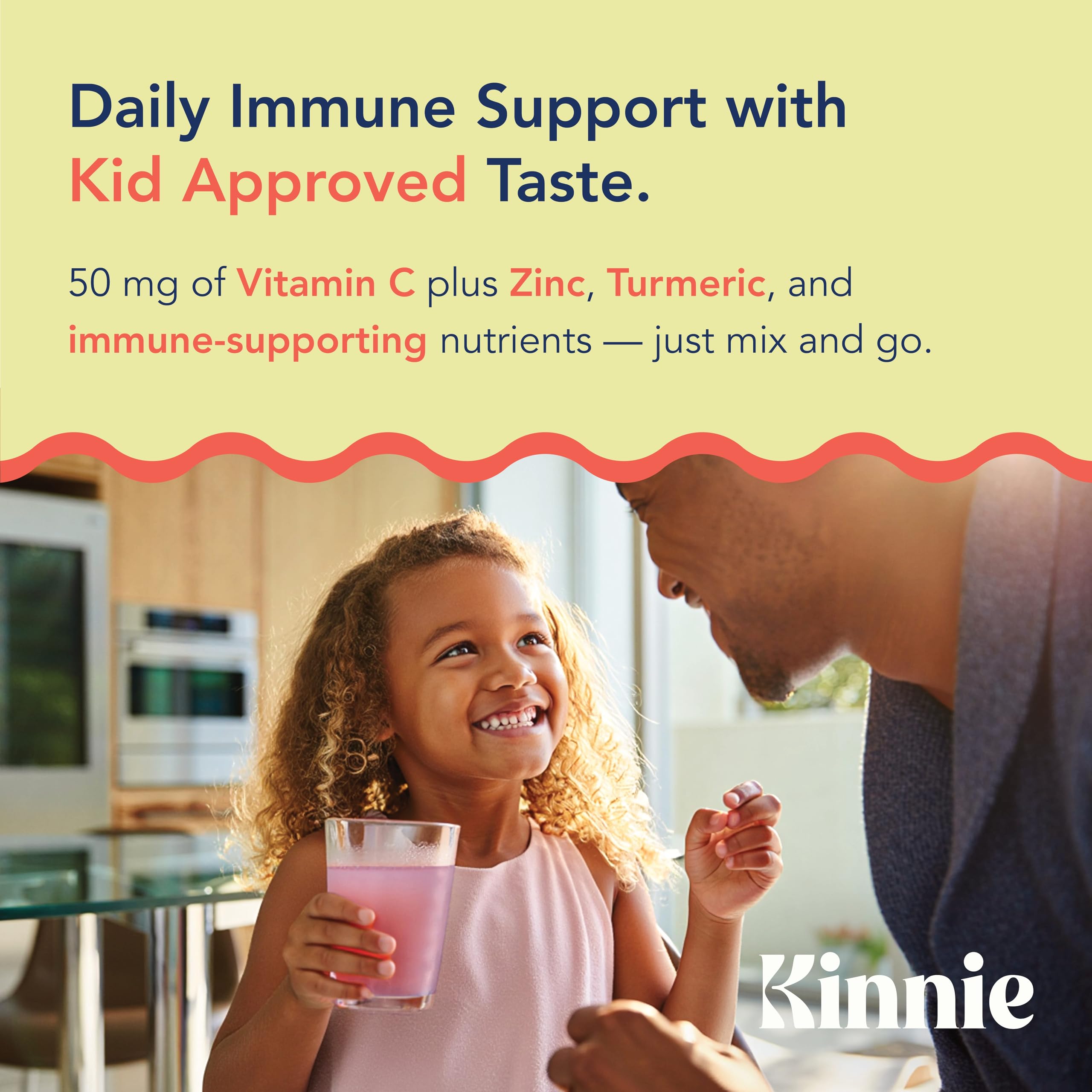 Child drinking Kinnie beverage from a cup, on-the-go wellness for school days