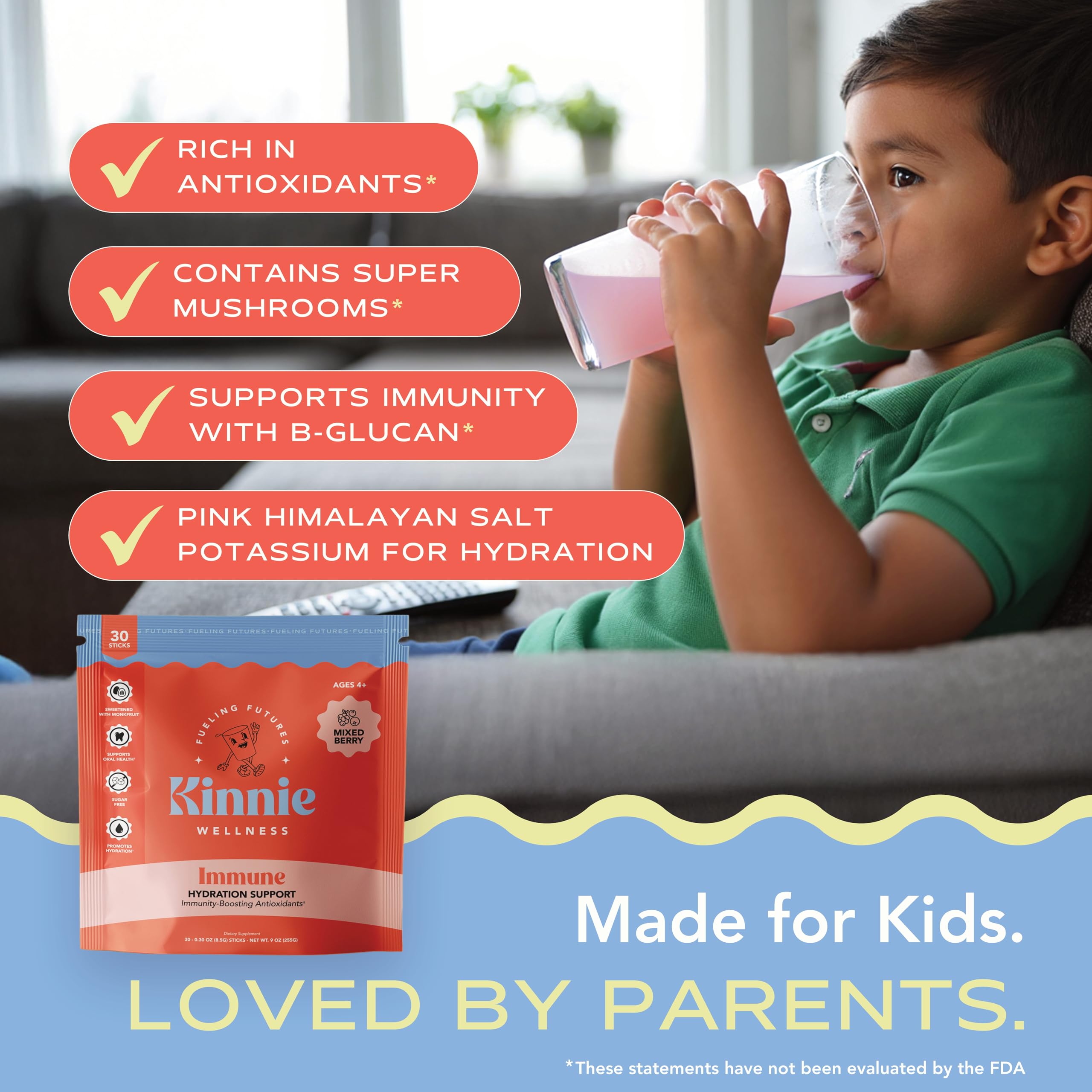 Close-up of Kinnie mixed berry powder dissolving in water for kids