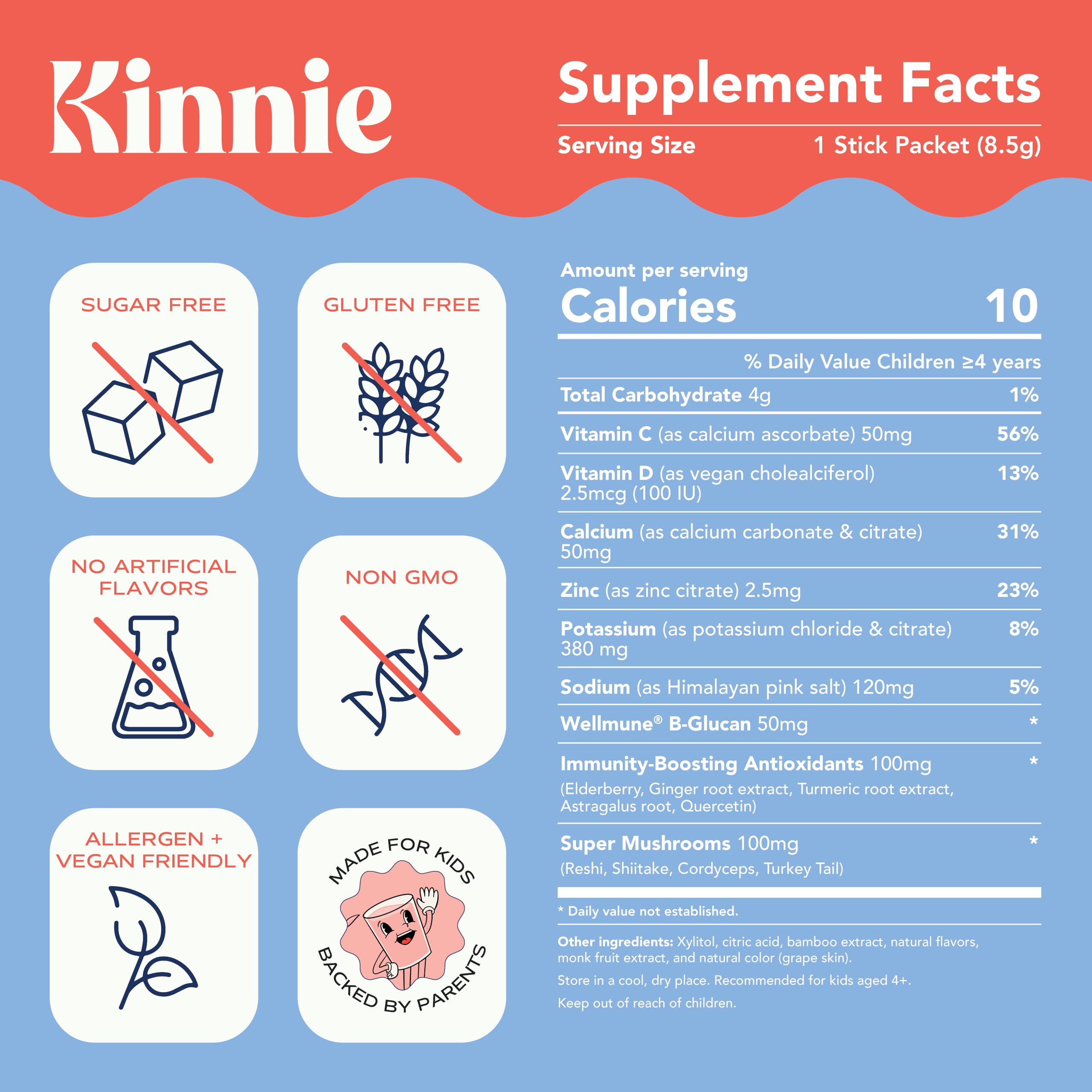 Kinnie single-serve stick beside water bottle, travel-friendly daily vitamins