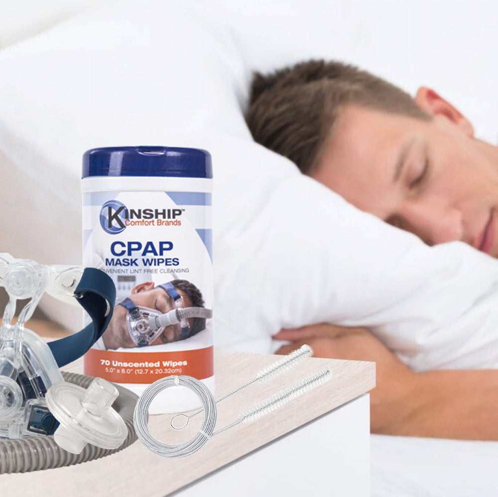 Kinship Comfort CPAP wipes packaging on shelf for storage