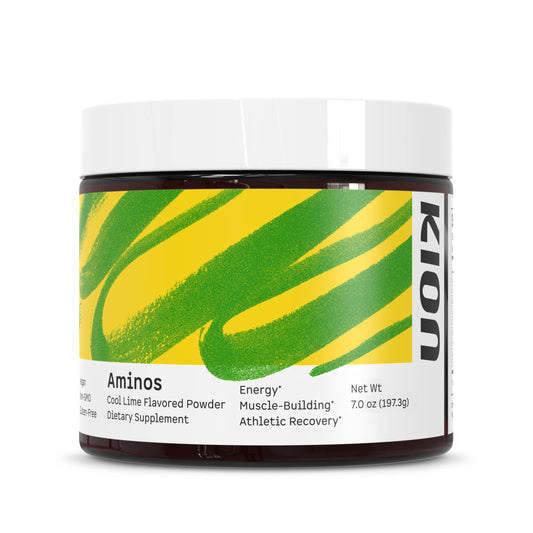 Kion Aminos Cool Lime tub front showing caffeine-free energy concept