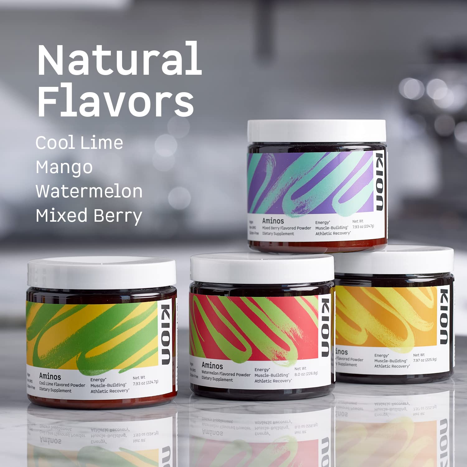 Kion Aminos Mango flavor options highlight natural taste and sugar-free formula.