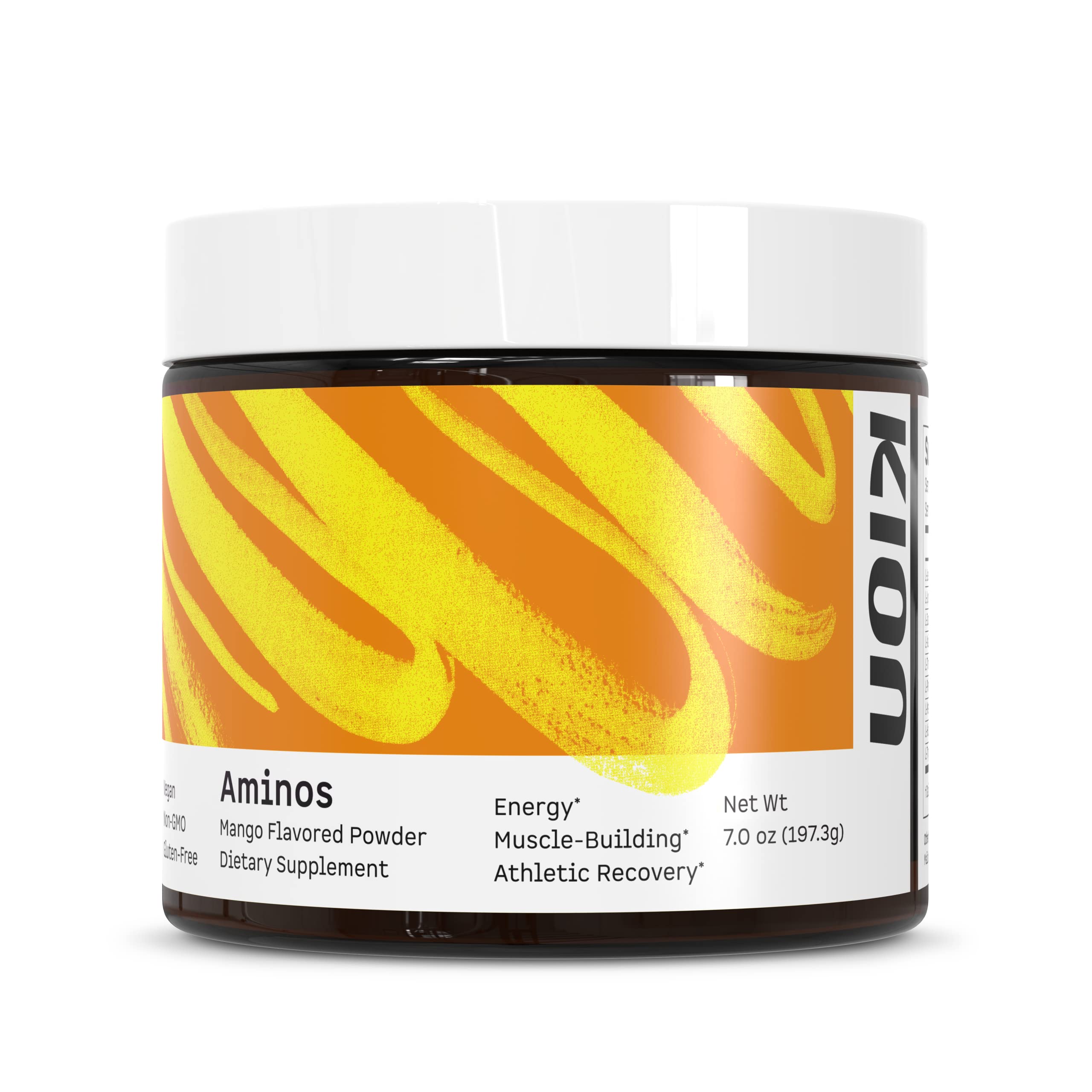 Kion Aminos Mango tub front showcases premium amino acid powder for muscle support.