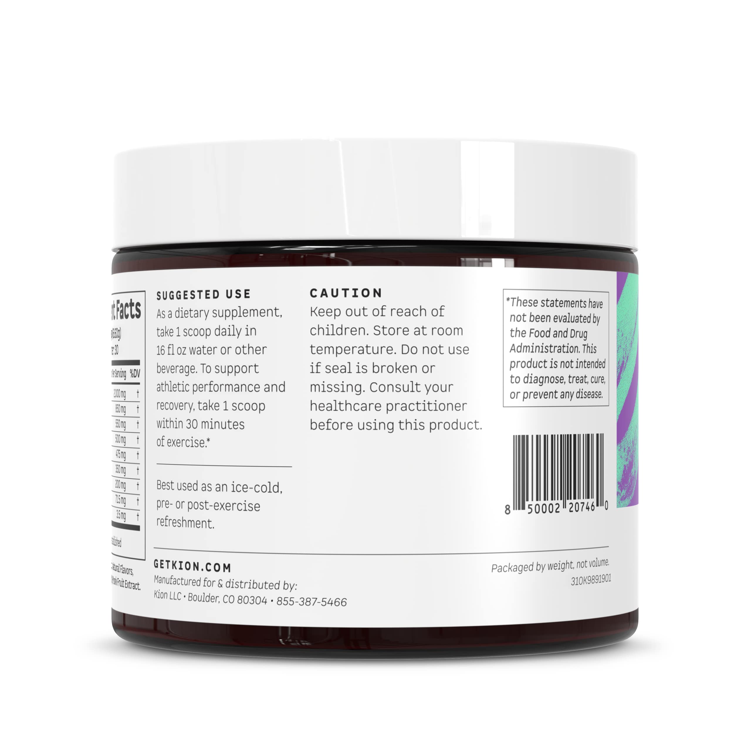 Kion Aminos tub with reseal-cap for freshness and easy daily dosing.