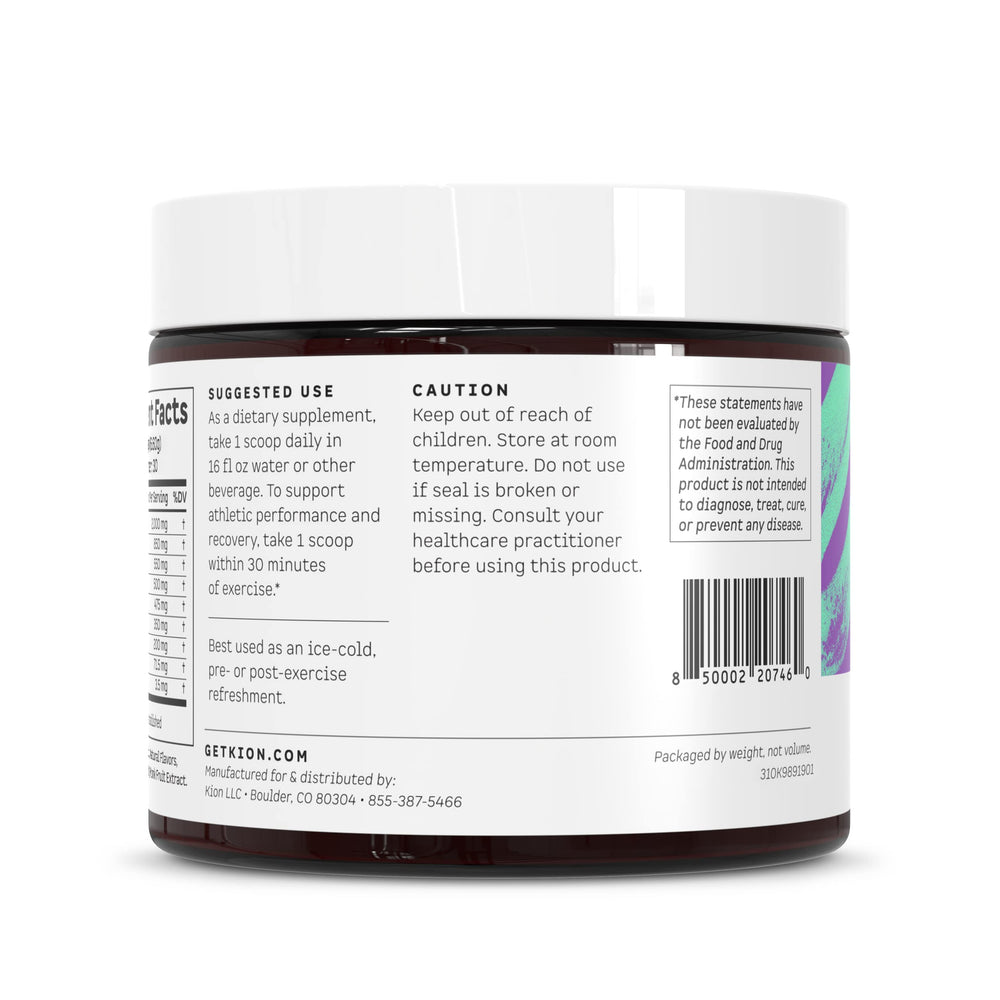 Kion Aminos tub with reseal-cap for freshness and easy daily dosing.