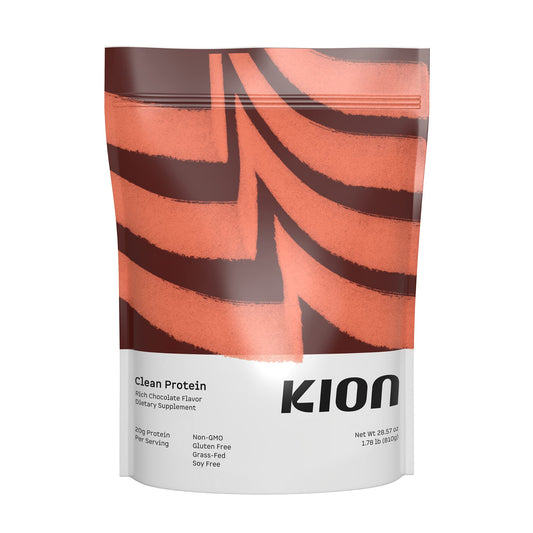 Kion Clean Protein rich chocolate tub with scoop for post-workout recovery