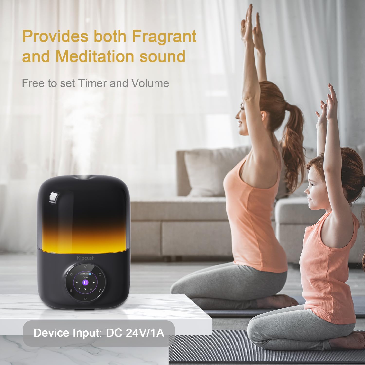 Kipcush diffuser with 19 nature sounds for customizable ambience.