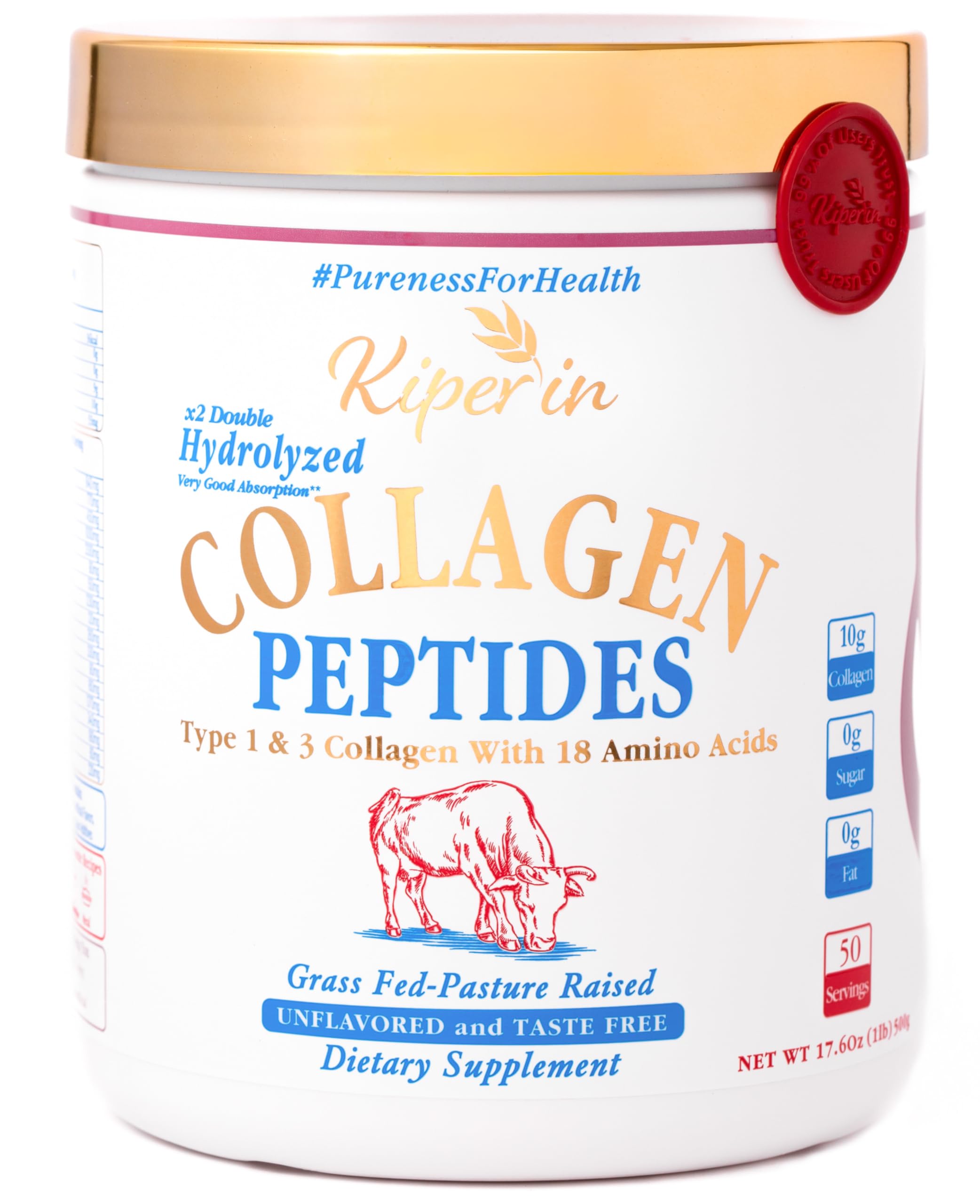 Kiperin collagen powder bottle highlights pure grass-fed formula for daily wellness support.