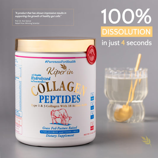 Kiperin collagen powder pour shows smooth blending into water for easy daily use.