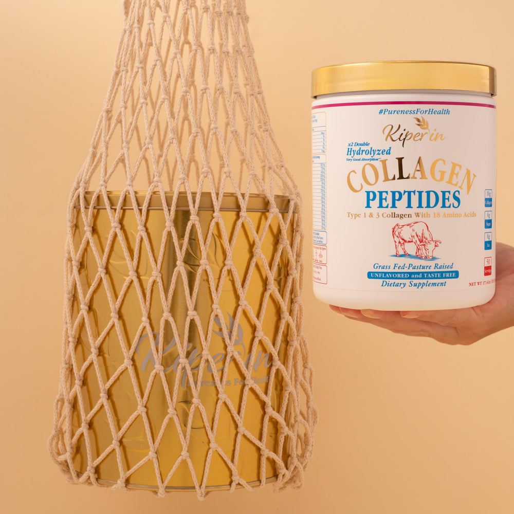 Kiperin collagen tub label image emphasizes clean ingredients and additives-free promise.