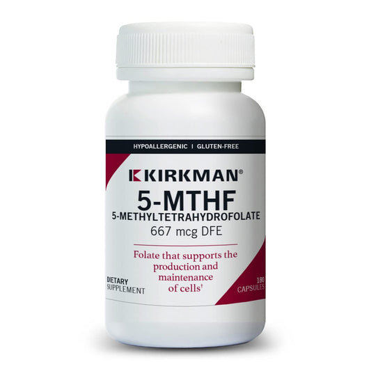 Kirkman 5-MTHF bottle front view—convenient daily folate support at home.
