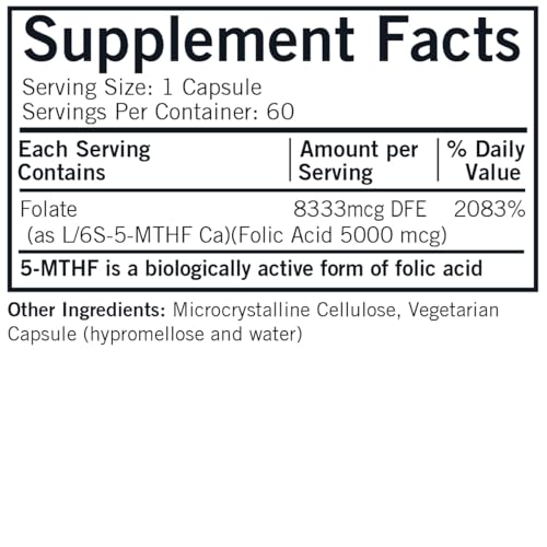 Close-up of Kirkman 5-MTHF bottle label highlighting 5 mg per capsule.