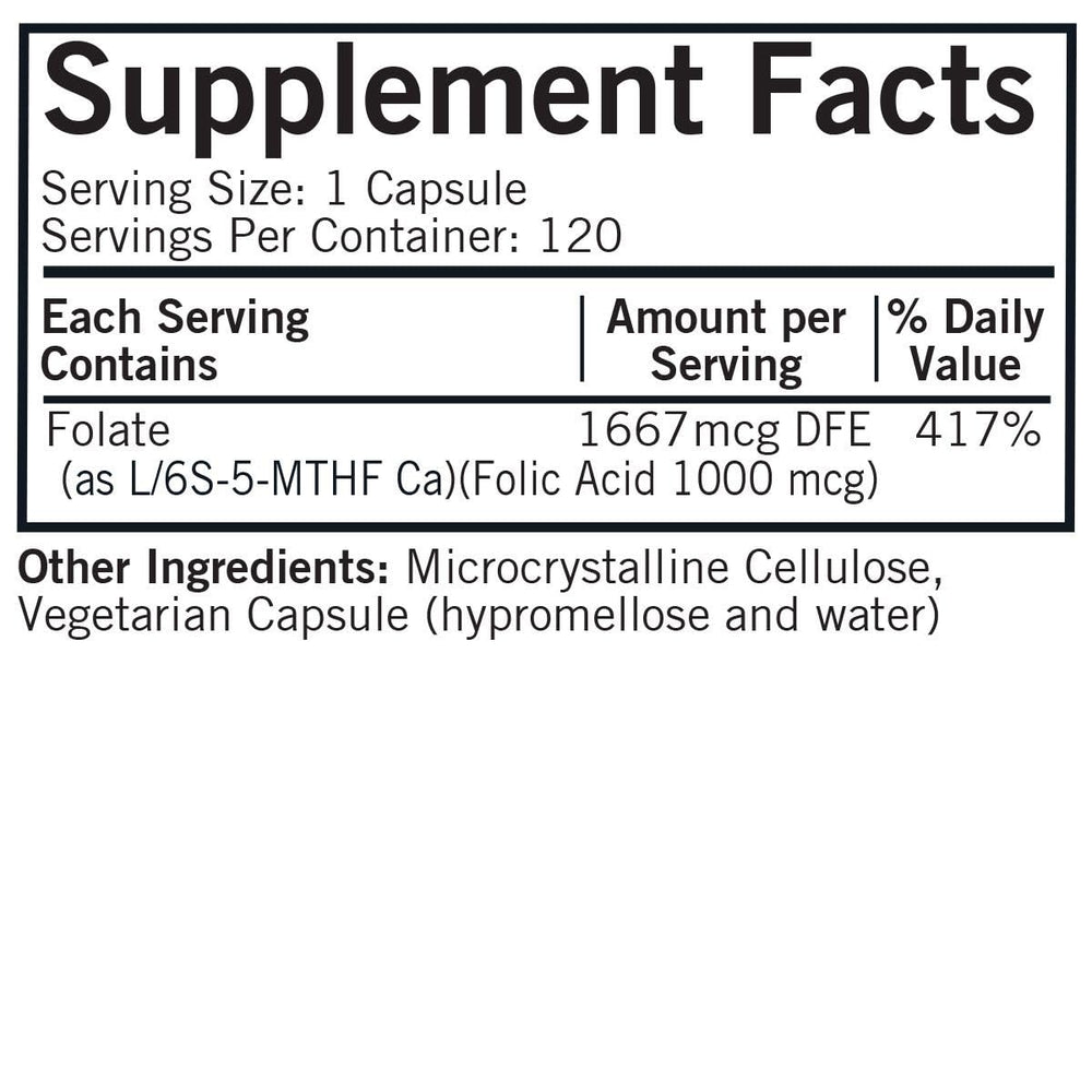 Kirkman 5-MTHF bottle label close-up highlights vegetarian capsule format.