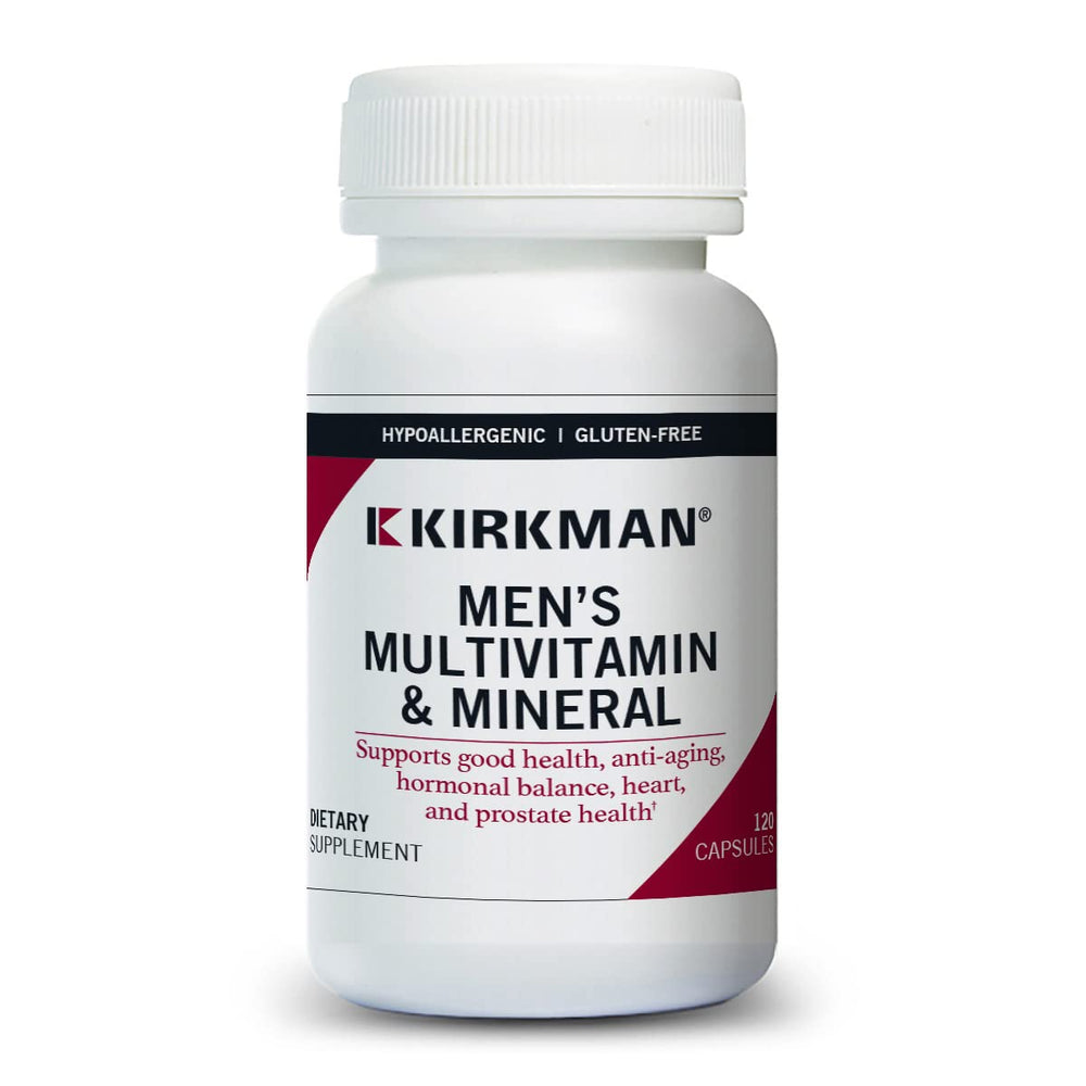 Kirkman 60-90 Men's Multivitamin bottle with vegetarian capsules supports daily health and enzyme function.