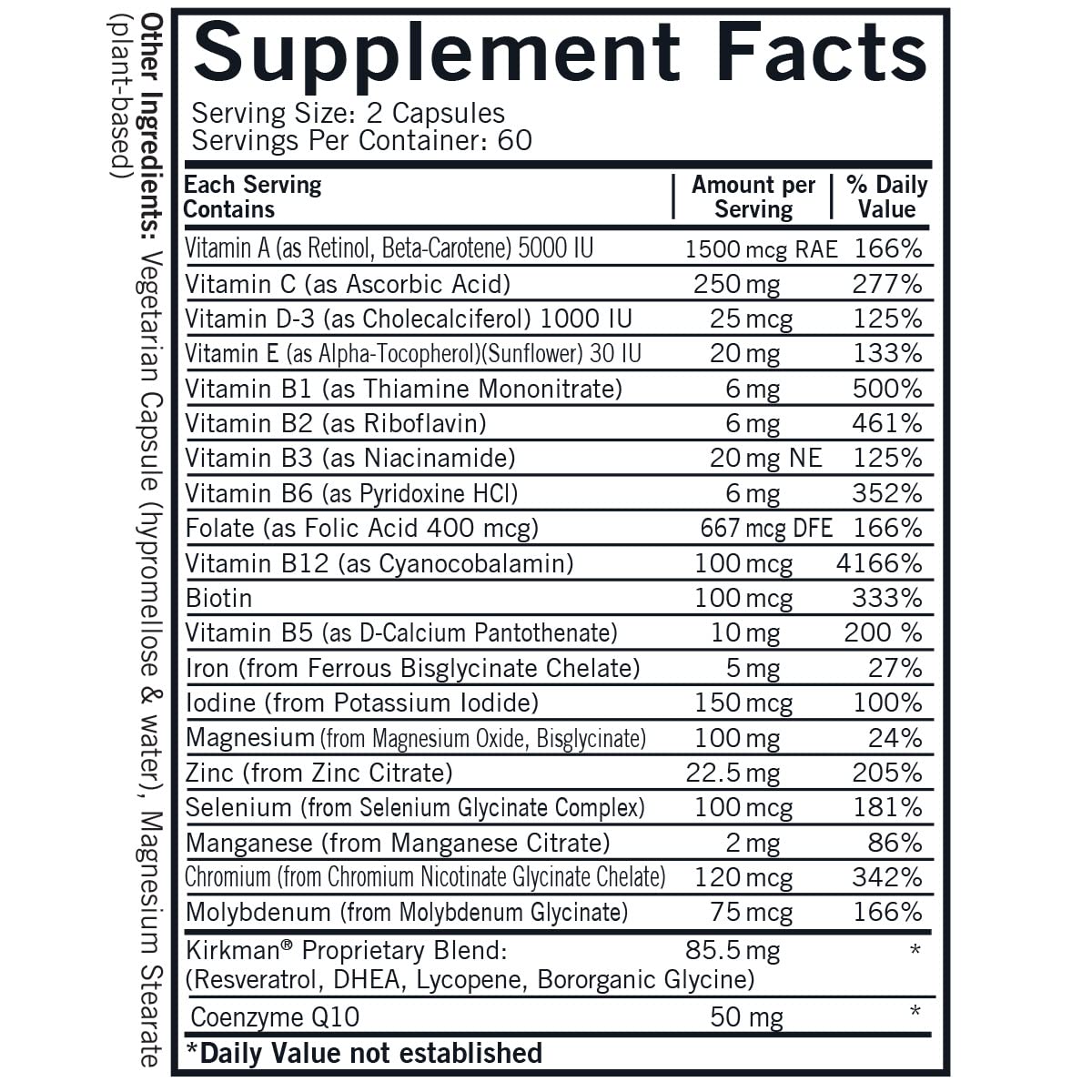 Kirkman 60-90 Men's Multivitamin capsules highlight resveratrol and lycopene for heart and prostate health considerations.