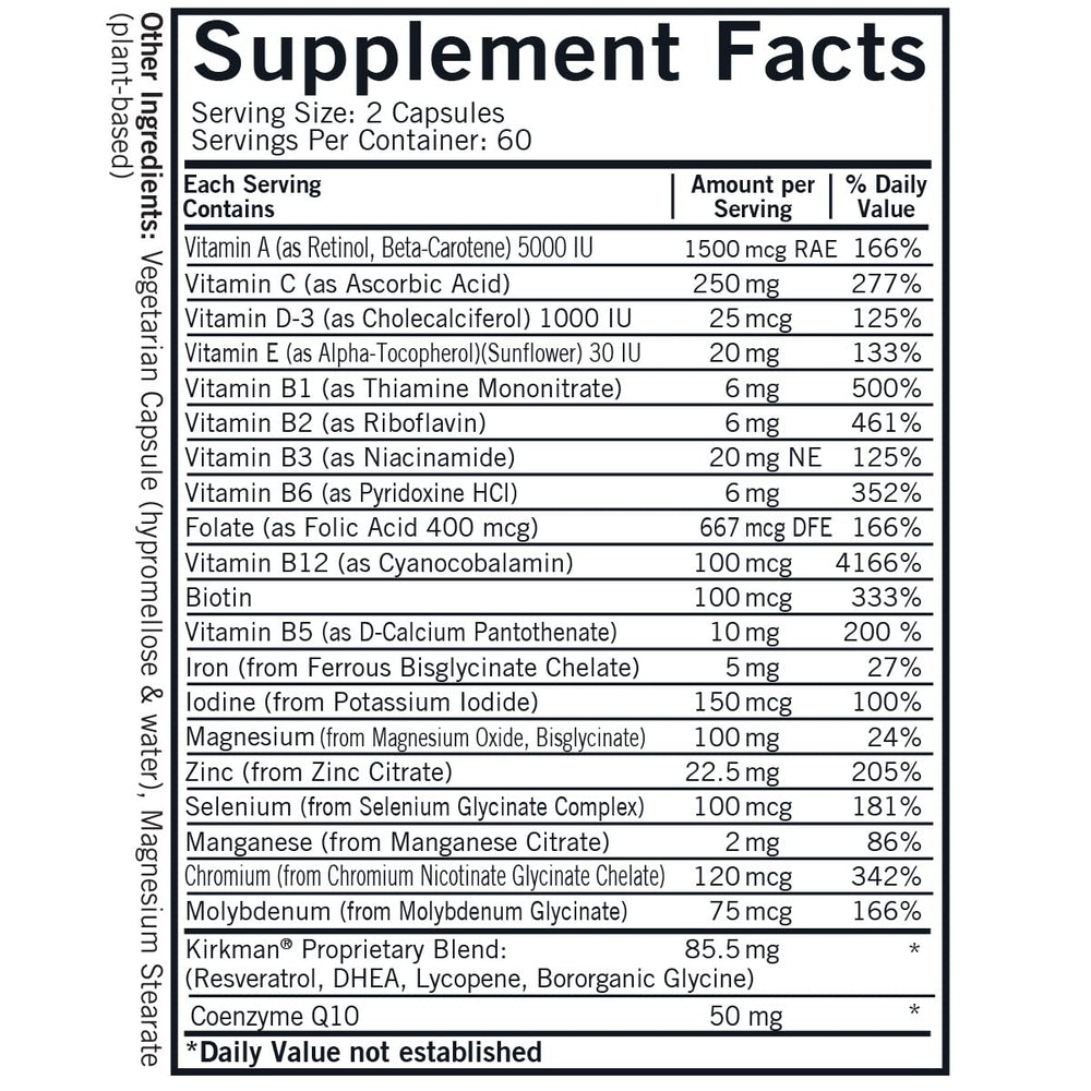 Kirkman 60-90 Men's Multivitamin capsules highlight resveratrol and lycopene for heart and prostate health considerations.