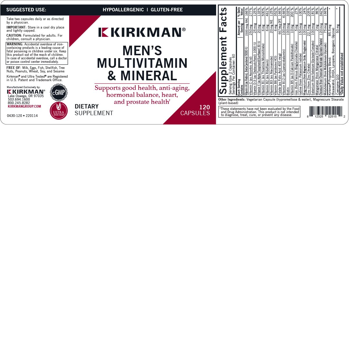 Kirkman 60-90 Men's Multivitamin packaging emphasizes gluten- and casein-free plant-based capsules.
