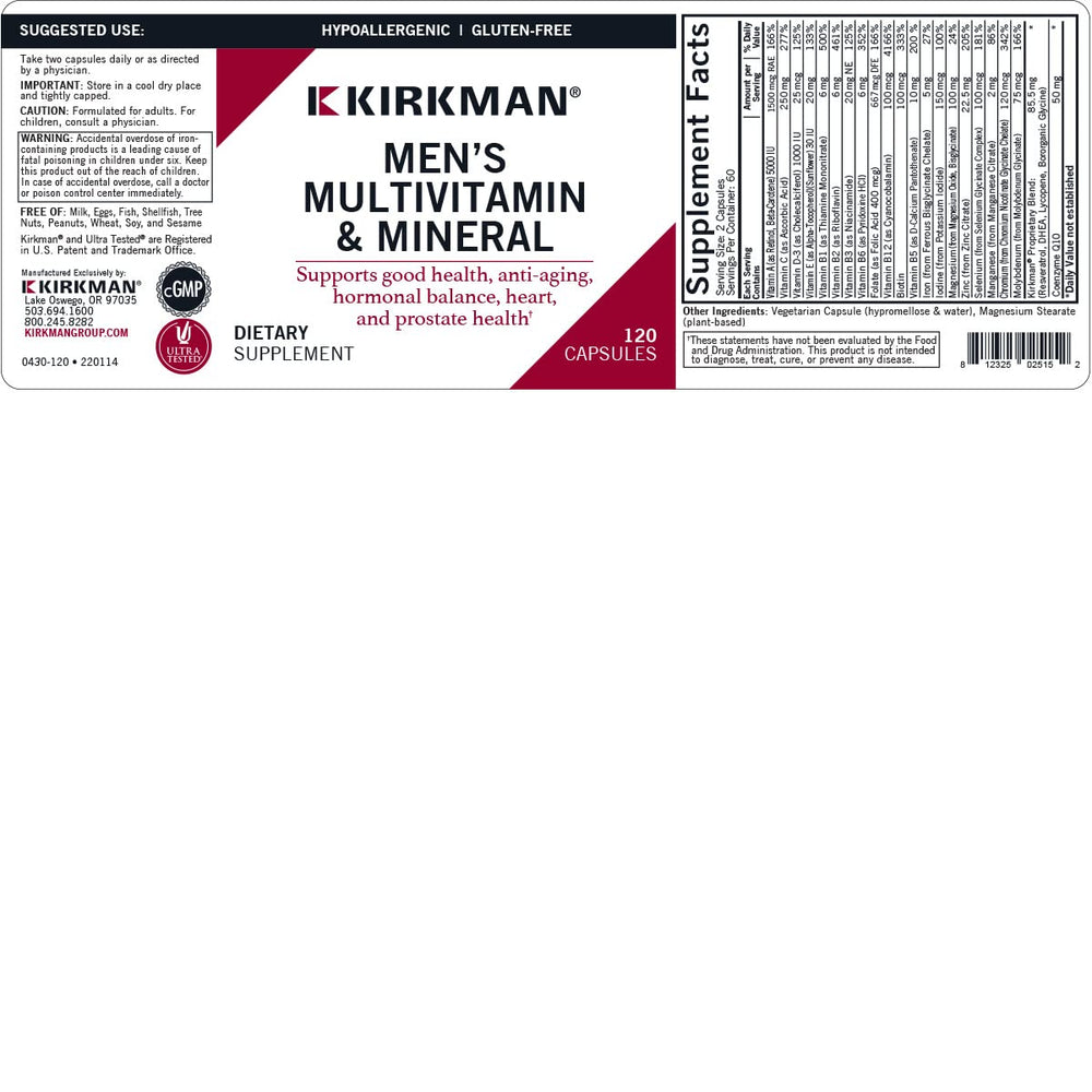 Kirkman 60-90 Men's Multivitamin packaging emphasizes gluten- and casein-free plant-based capsules.