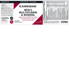 Kirkman 60-90 Men's Multivitamin packaging emphasizes gluten- and casein-free plant-based capsules.