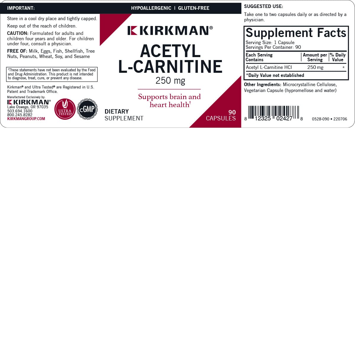 Kirkman Acetyl L-Carnitine label view highlights Ultra Tested quality.