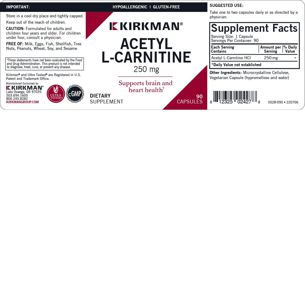 Kirkman Acetyl L-Carnitine label view highlights Ultra Tested quality.