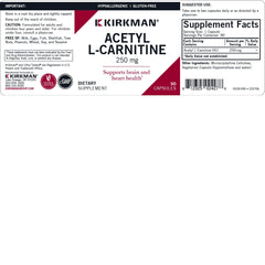 Kirkman Acetyl L-Carnitine label view highlights Ultra Tested quality.