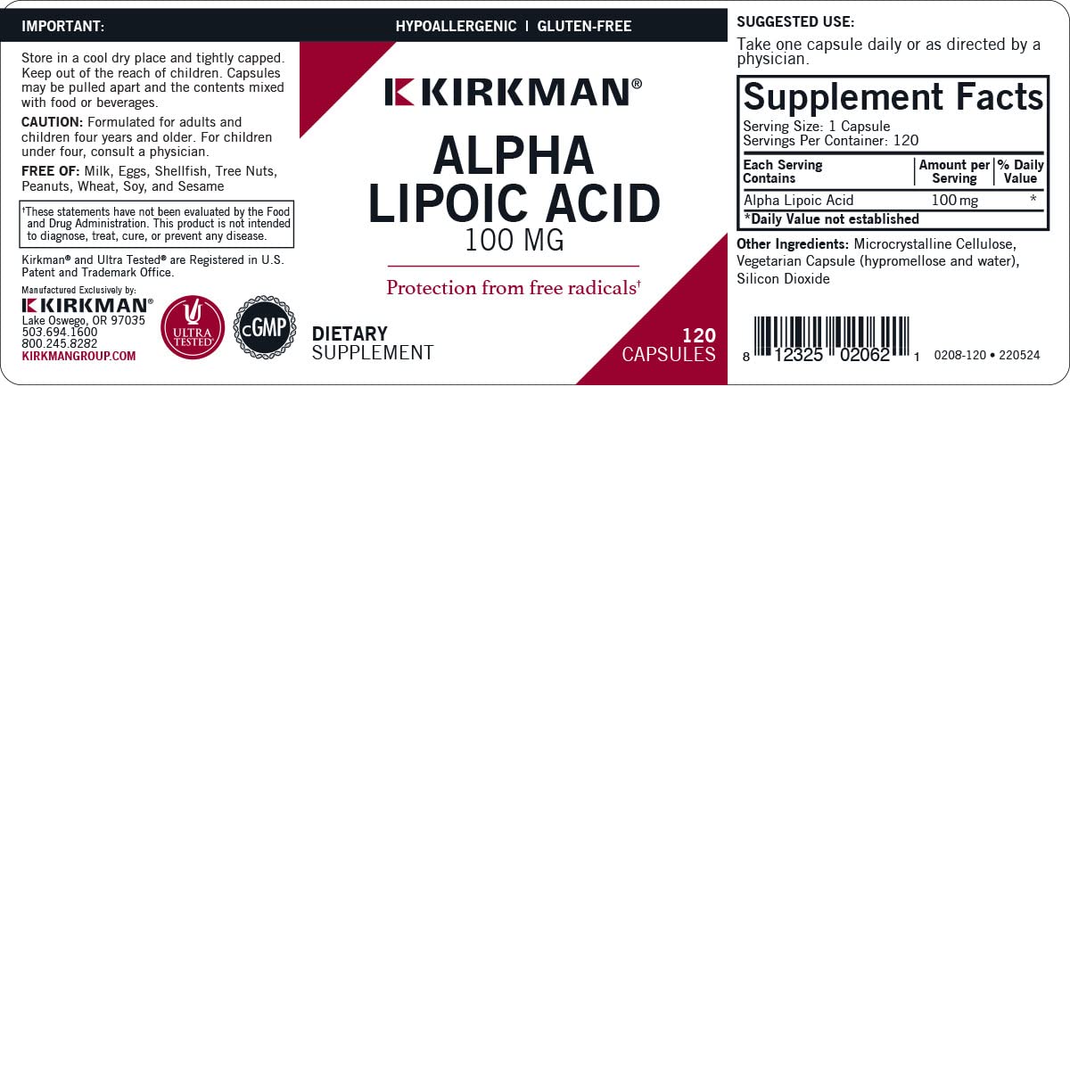 Kirkman Alpha Lipoic Acid 100 mg label image with clear ingredient details