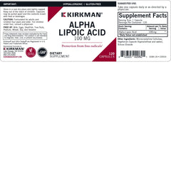 Kirkman Alpha Lipoic Acid 100 mg label image with clear ingredient details